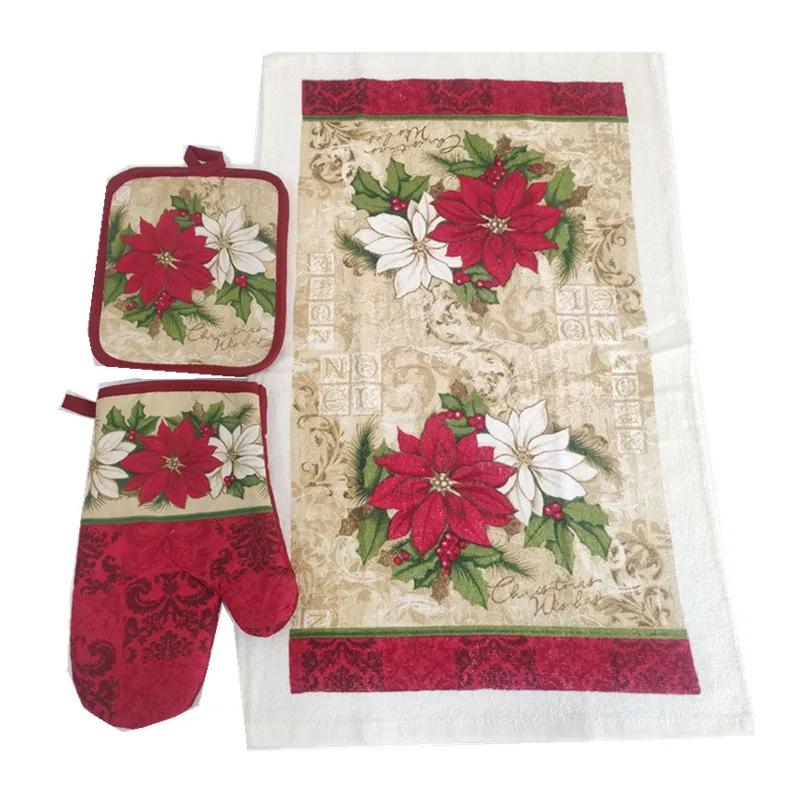 3-teiliges Set Baumwolle Vintage Weihnachtsserie Bedruckte Mikrowellenhandschuhe Küchen-Isolierunterlage Geschirrtuch Weihnachtsparty-Geschenk – Detail 5