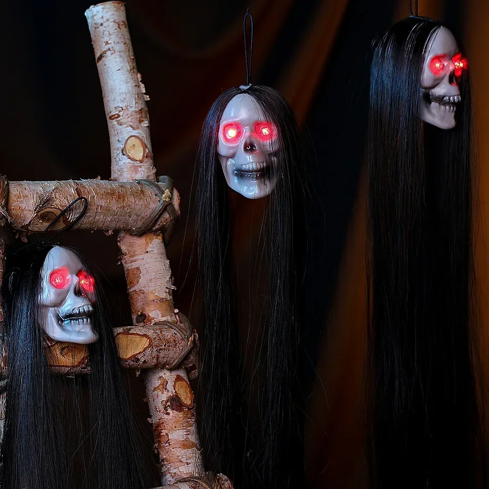 1pc Halloween Hanging Long Hair Ghost Skeleton Pendant LED Light-emitting Horror Bar Haunted House Decoration Party Supplies
