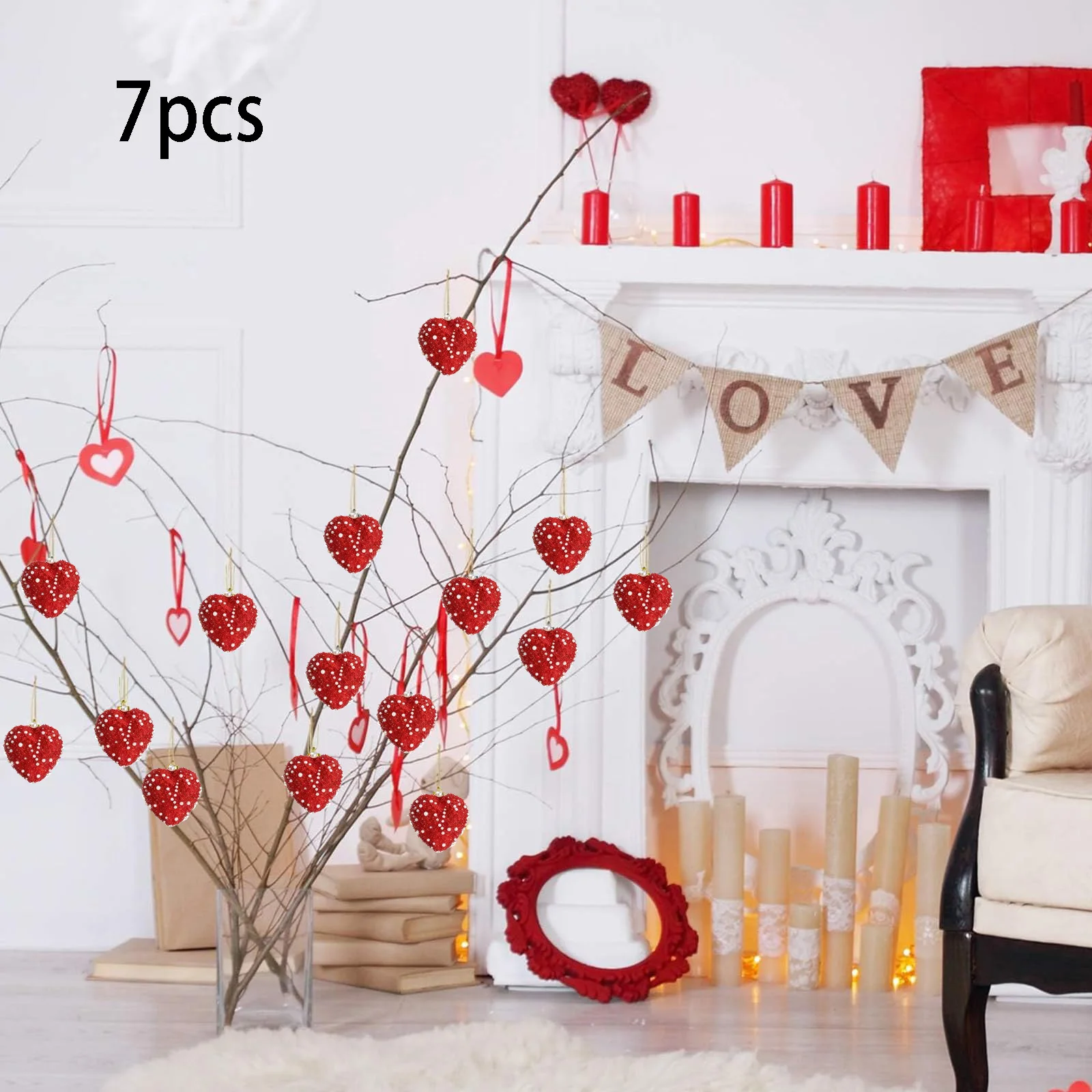 Heart Ornaments Set of 7 Romantic Sequined Pearls Hanging Valentines Decorations for Home Decor