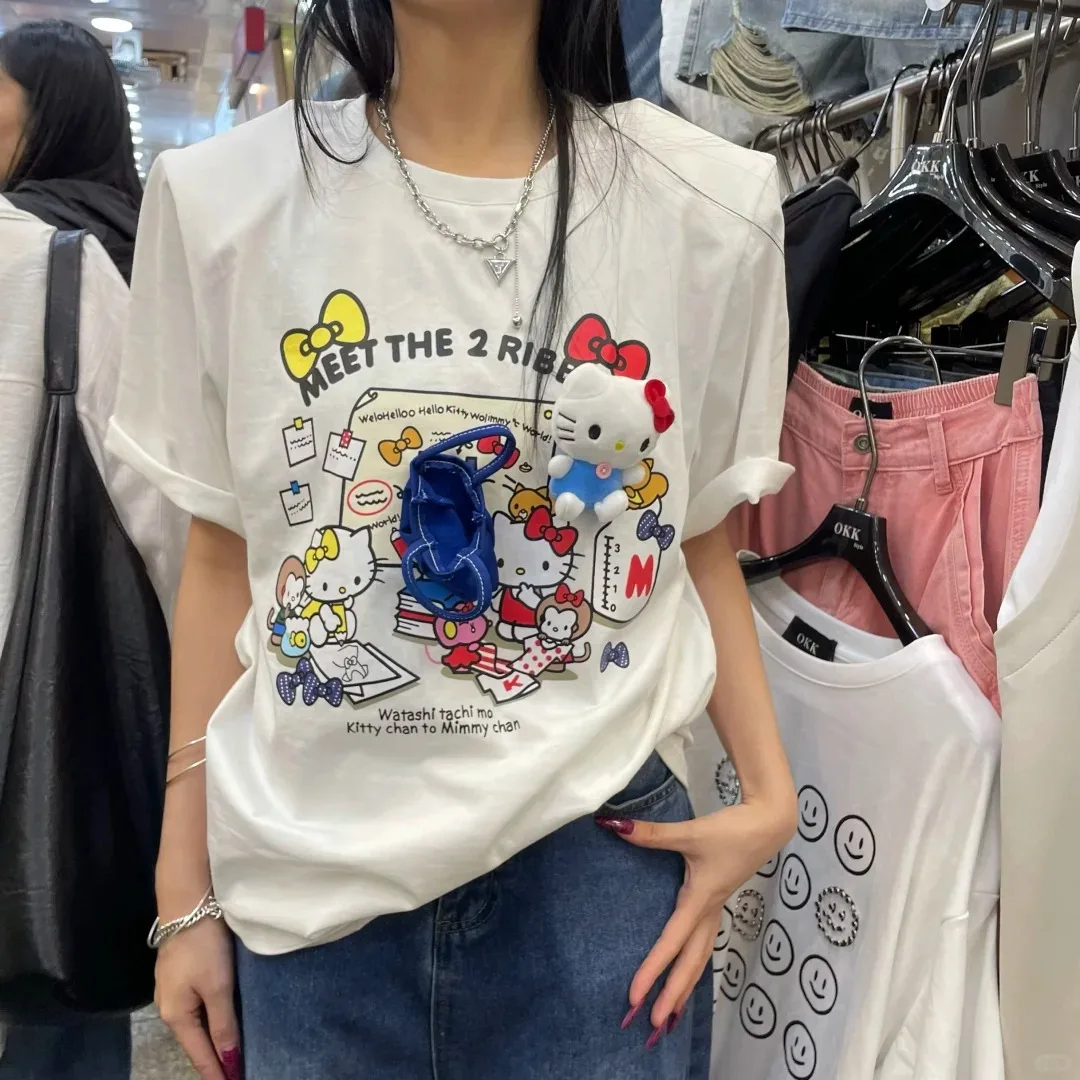 

Sanrio Hello Kitty T-shirt Cute Cartoon Anime fashion T-shirt Summer Casual Niche Top Pure Cotton Trendy clothing Korean Style