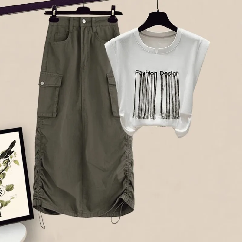 Faionable Women's Summer Svel T-irt And Skirt Set oulder-Length Design Casual Workwear Sle round Ne ort Sve