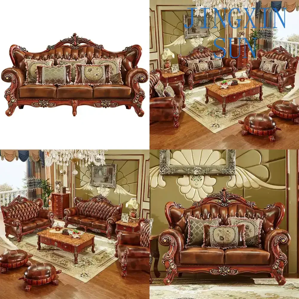 European Leather Sofa Combination for Solid Wood Double-Sided Carved Luxury Living Room Furniture for American High-End