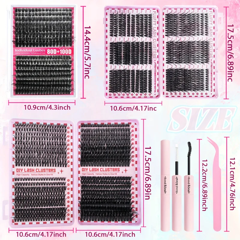 DIYまつげエクステキット - Dカール ふんわり＆ボリュームスタイル、ミックス長さ9-16mm、ボンド＆シールピンセット付きで再利用可能