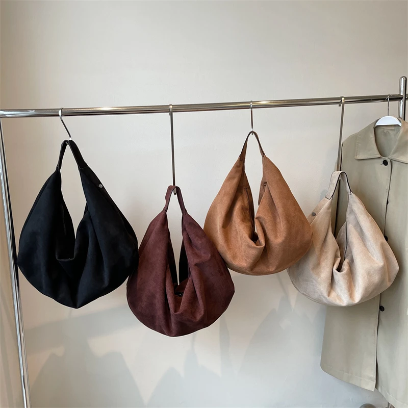 Women Half Moon Bags Large Capacity Hobo Shopper Bag High Quality Soft Faux Suede Bag Fashion Korean Female Underarm Tote Bags