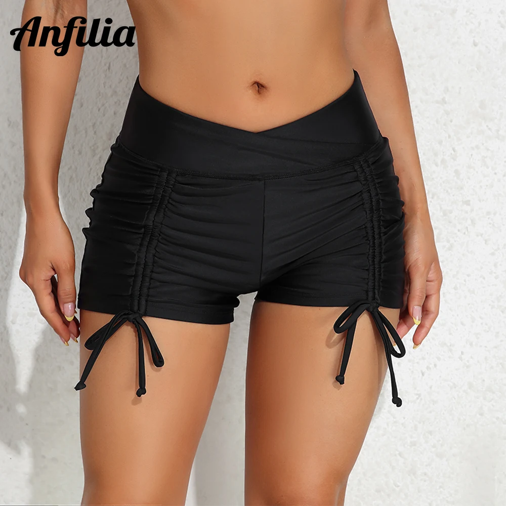 Anfilia Women Cross Waist Swim Shorts Drawstring Swimsuit Bottoms Workout Boardshort