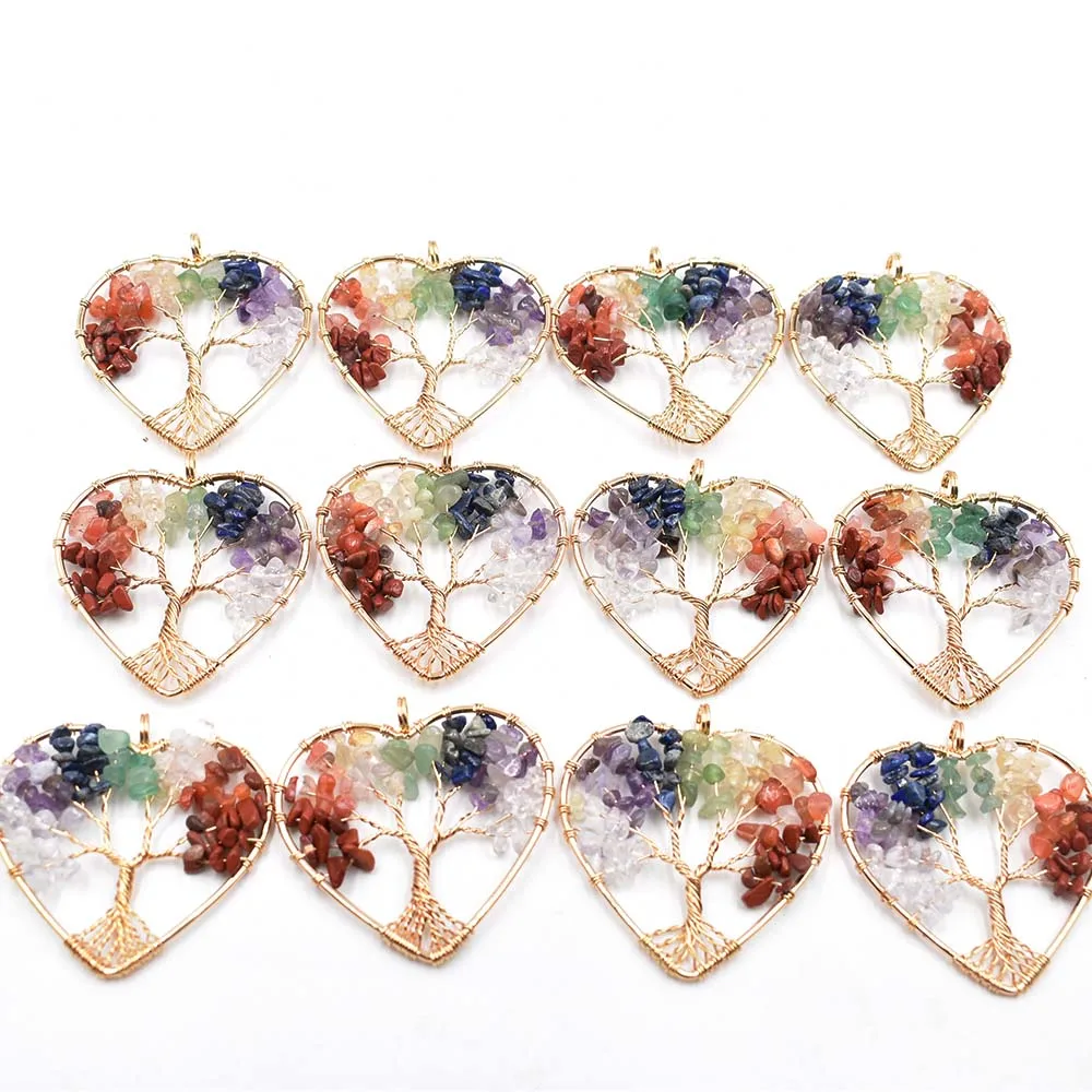 Wholesale 12pcs/lot 7 chakra stone Tree of life handmade wire wrapped heart-shaped Pendants for jewelry accessories marking free