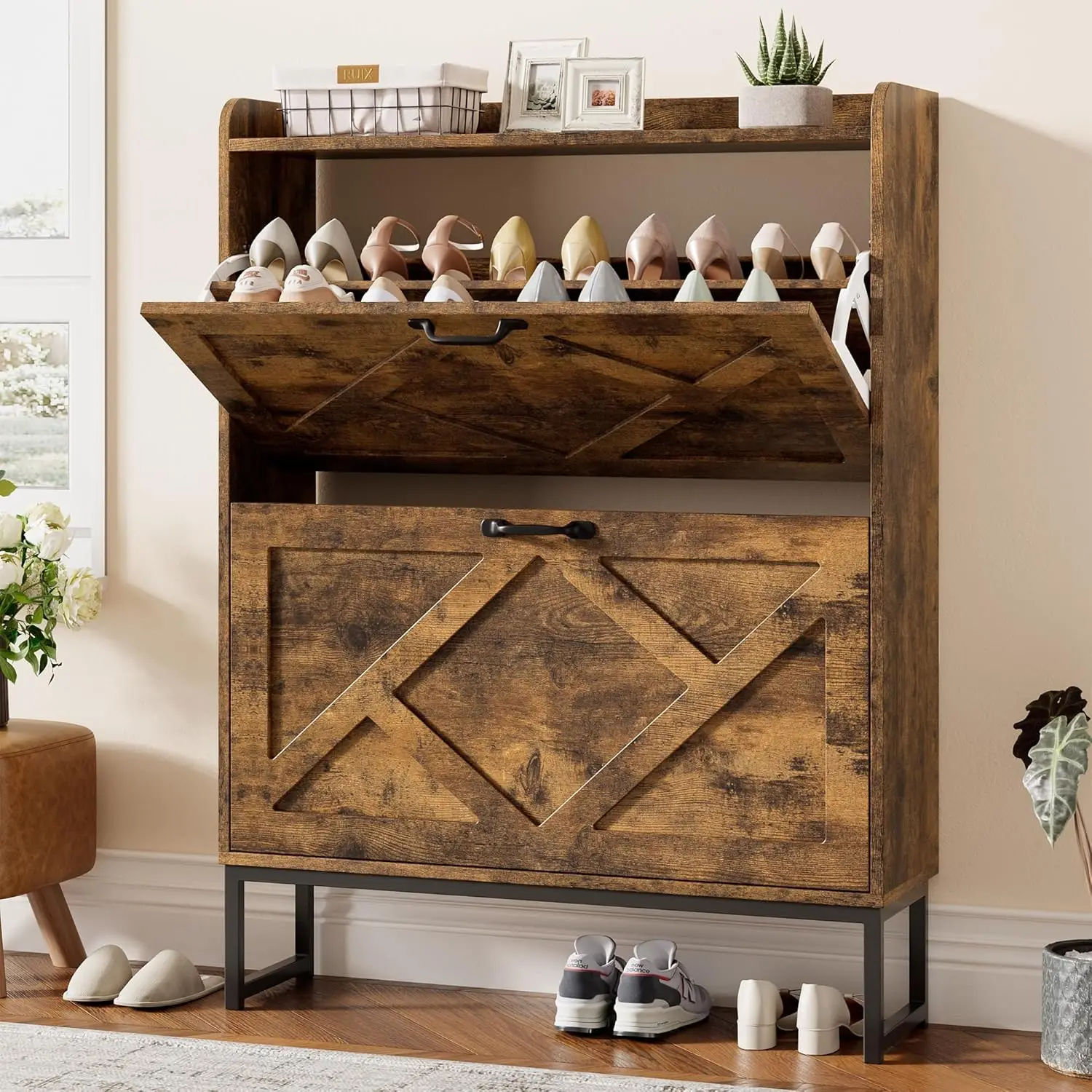 

Slim Shoe Cabinet with 2 Flip Drawers, Freestanding Narrow Rack for Entryway Storage in Rustic Brown