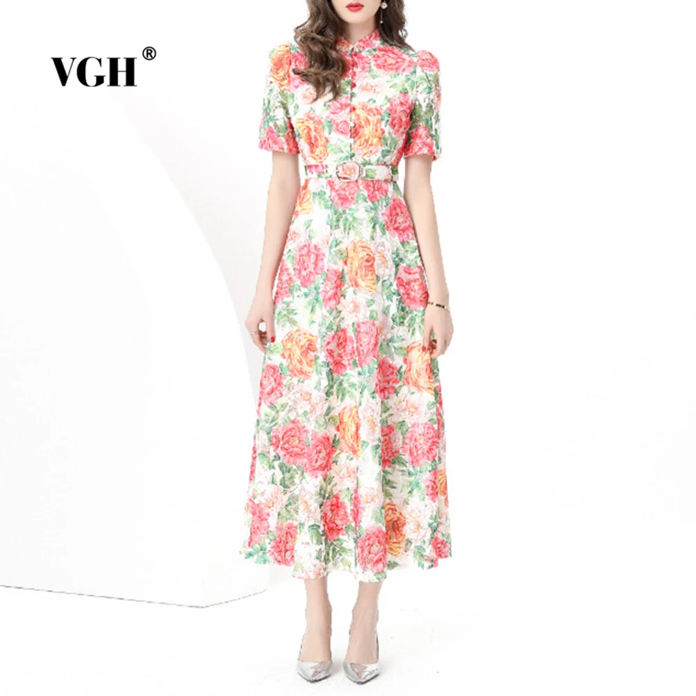

VGH Vintage Slimming Printing Dresses For Women Stand Collar Short Sleeve High Wasit Spliced Belt Elegant Dress Female Fashion