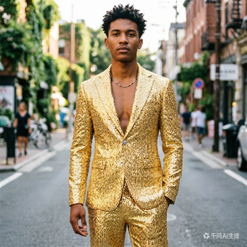 Men's Gold Sequined Two-Piece Suit Wedding Party Formal Jacket with Matching Trousers European Sizes XXXS-XXL