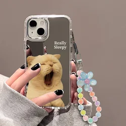 Hard Glass Mirror Lanyard Phone Case For iPhone 15 Cases iPhone 11 12 13 14 Plus 16 Pro Max XR X XS Cute Cat Makeup Mirror Cover