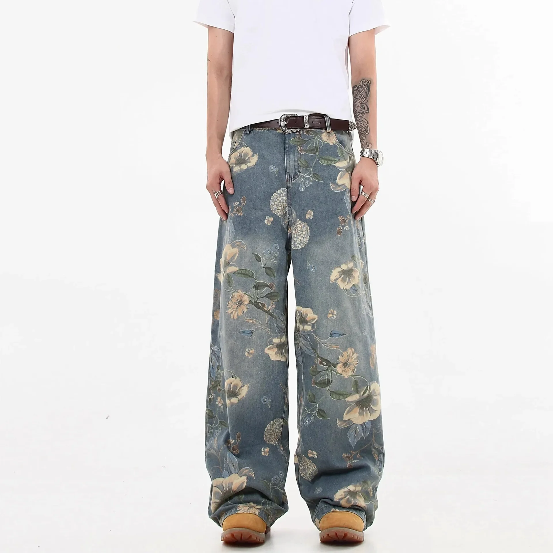 Flower Printed Baggy Jeans Vintage Baggy Straight Denim Pants Men Streetwear Harajuku Hip Hop Oversized Jeans Trousers Y2k