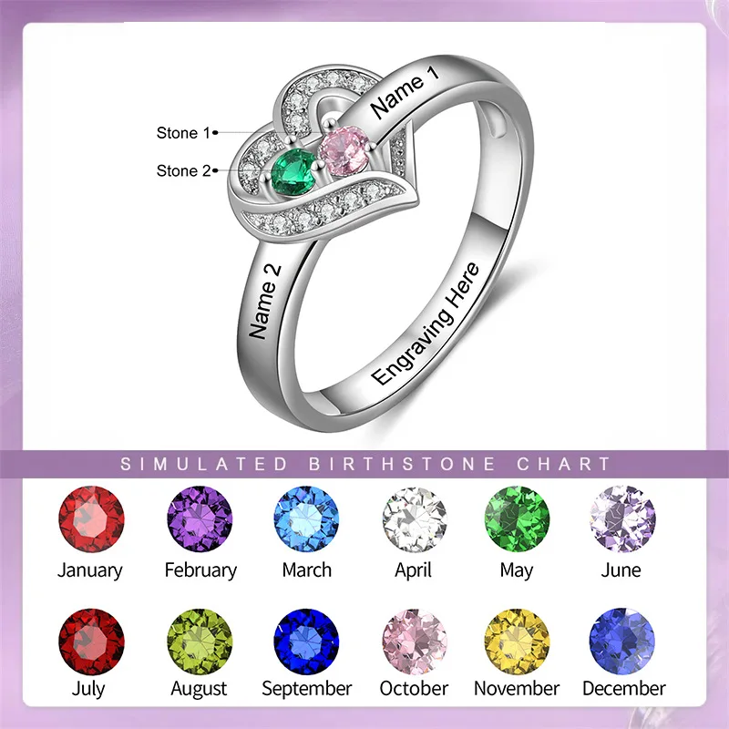 

Personalized Family Names Ring With Birthstone Custom Silver Engraved Finger Rings CZ Heart Ring For Women Mother's Day Gifts