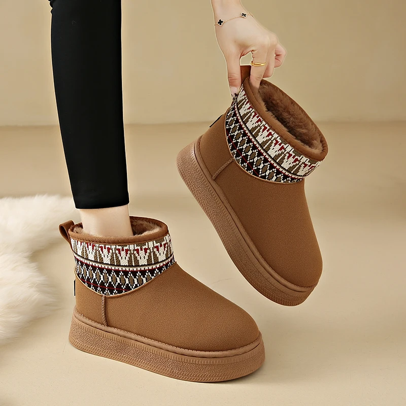 أحذية نسائية عصرية ودافئة، أحذية ثلج شتوية من جلد الغزال، أحذية قطنية مضادة للانزلاق، بسيطة وخفيفة الوزن