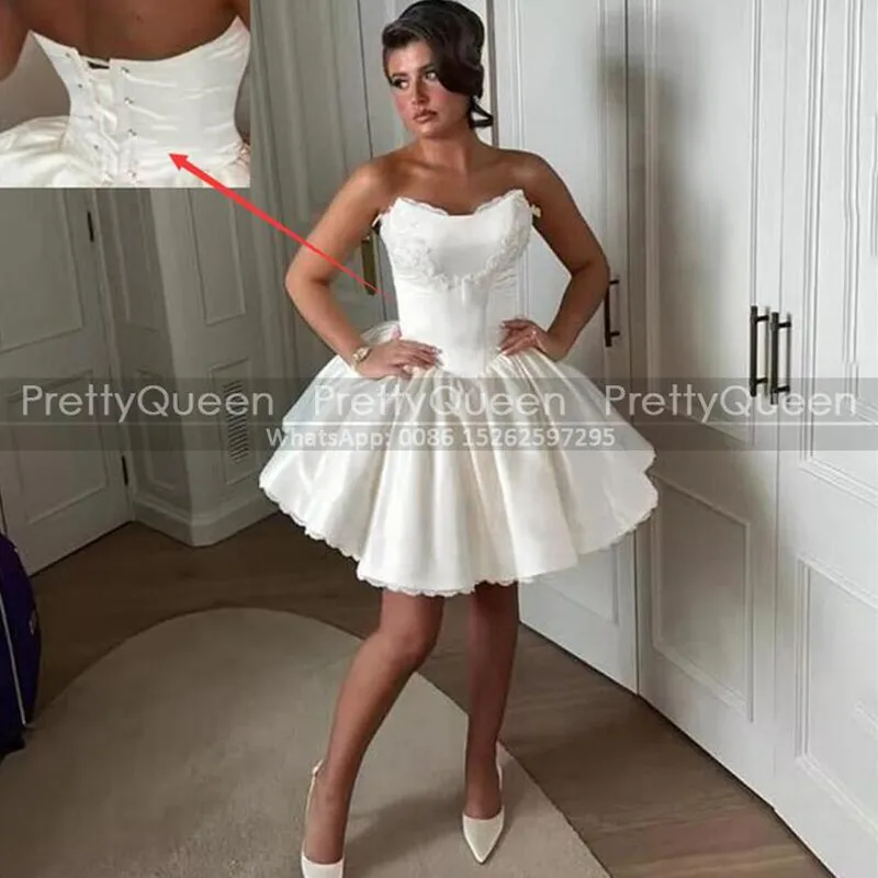 

Puffy A Line Short Bridesmaid Dresses Strapless White Satin Customized Mini Wedding Party Dress Maid Of Honor
