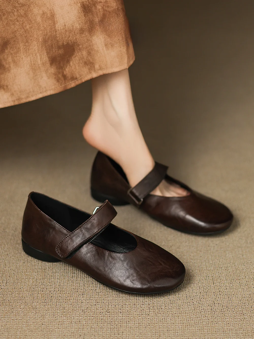 Zapatos Planos Island Creamy Conker Estilo Mary Jane, Retro, de Piel Suave, Antideslizantes, con Punta Redonda, para Primaver...