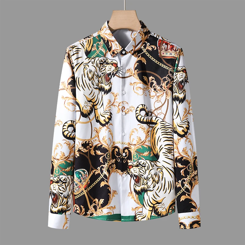 2025 men's trendy printed long sleeved shirt with high-quality luxury design and casual button down shirt