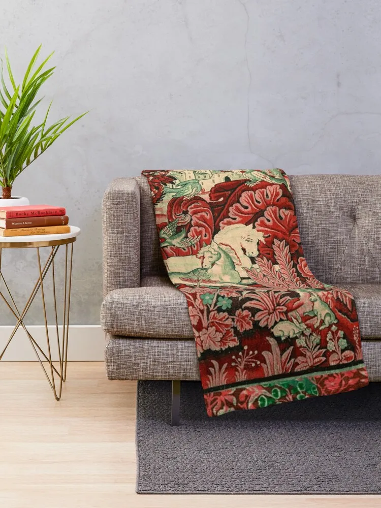 FANTASTIC ANIMALS AND HORSES IN WOODLAND Red White Green Antique French Tapestry Throw Blanket Weighted Softest Blankets