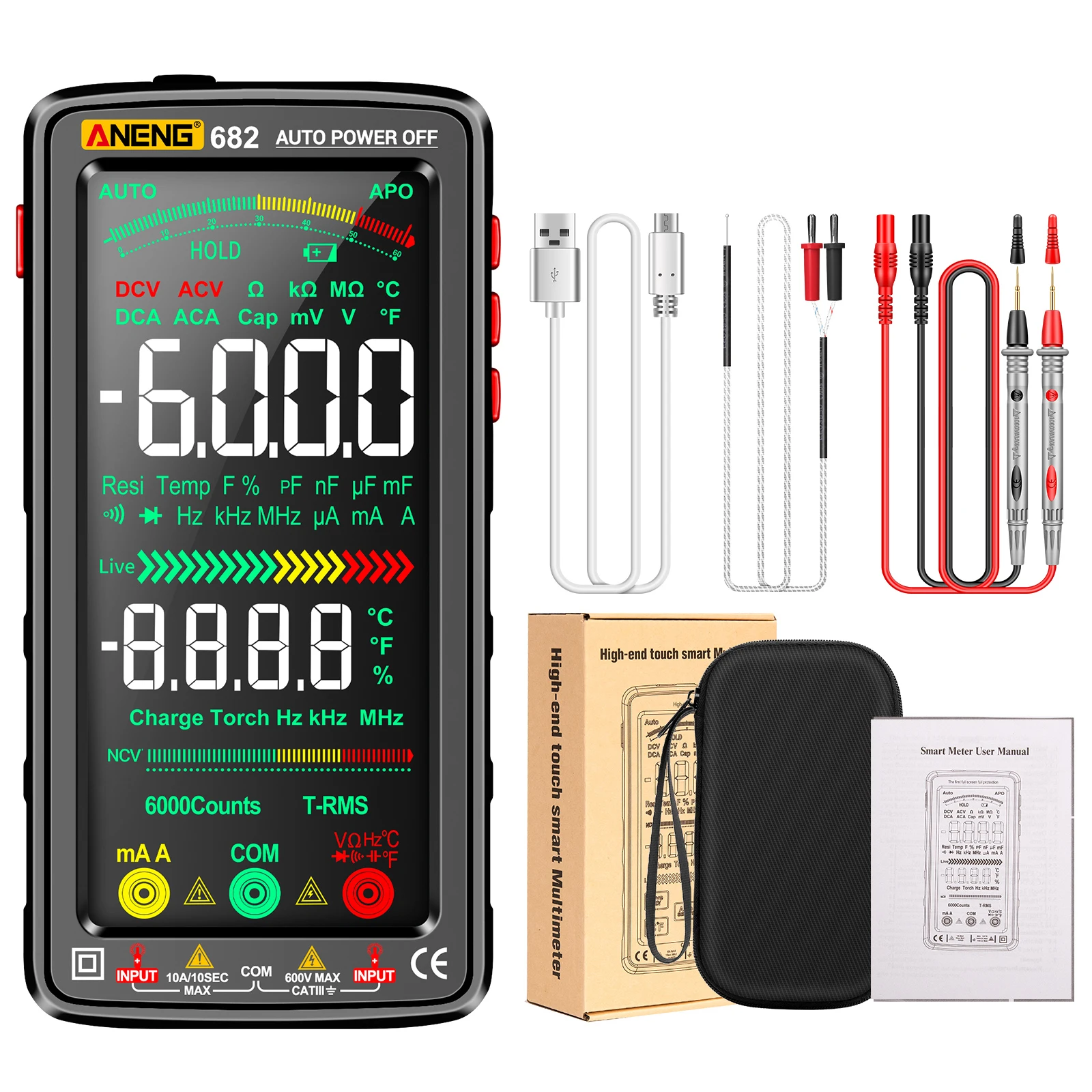 ANENG LCD Digital Multimeter 6000 Counts Smart Anti-burn Rechargeable for Voltage Current Resistance Capacitance Temperature