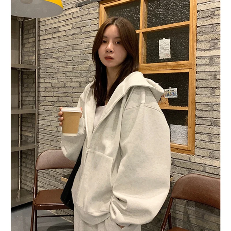 Women White Sweatshirt Letter Embroidery Warm Korean Fashion Leisure Loose Winter New Long Sleeves Hooded Zipper Outwear Tops