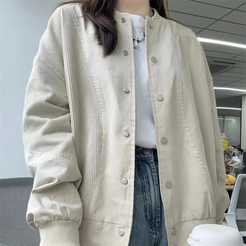 Spring Autumn Female Solid Color Corduroy Jacket Retro Ladies Long Sleeves Baseball Coat Women Loose Leisure Patchwork Outwear