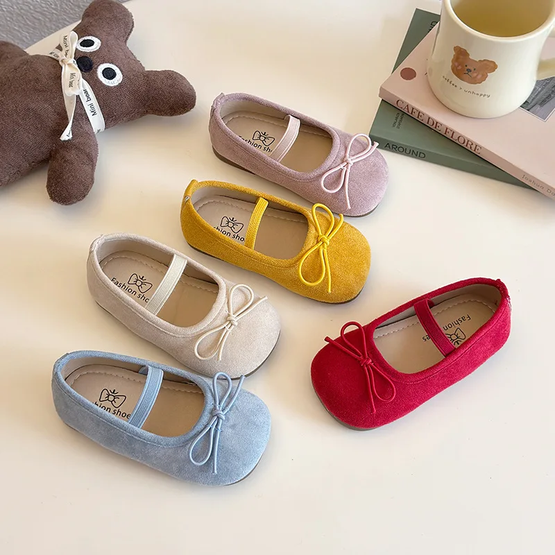 2026 Girls Ballet Flats Casual Round Toe Cute Suede Ballerina Church Princess Shoes Spring Elegant Party Shoes Bow Size 21-30