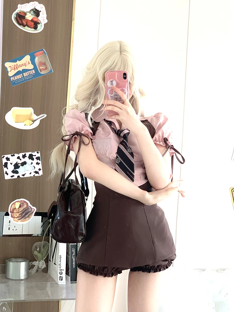 Summer Korean Sweet Two Piece Set Women Elegant Y2k Party Mini Skirt Suit Female Puff Sleeve Pink Blouse + Brown Suspender Skirt