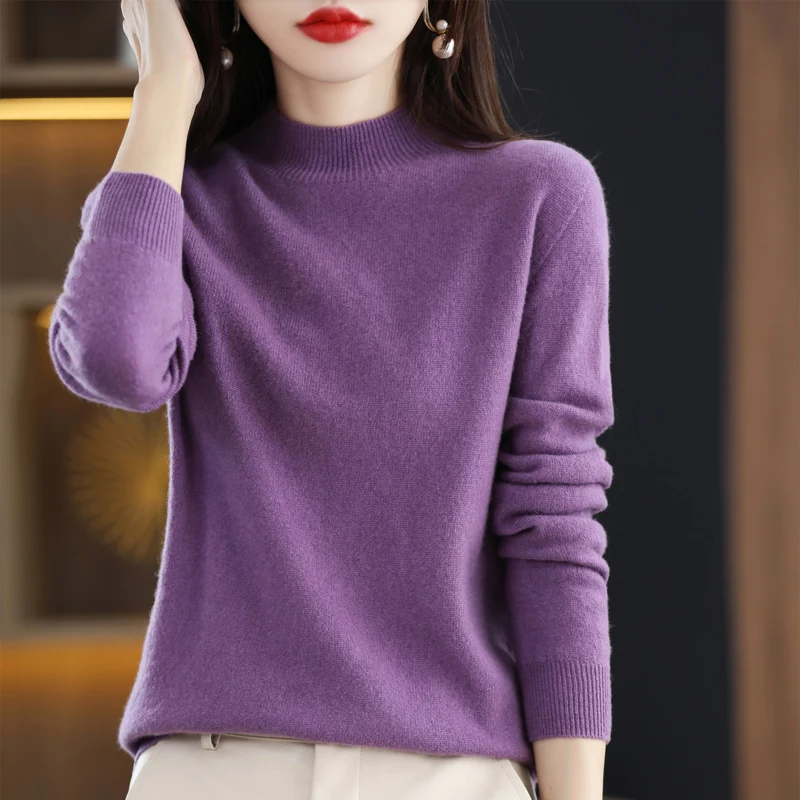 100% Pure Wool Sweater Women\'s Half Turtleneck Pullover Sweater 2022 Autumn Winter New Solid Color Outer Wear All-Match Slim Top