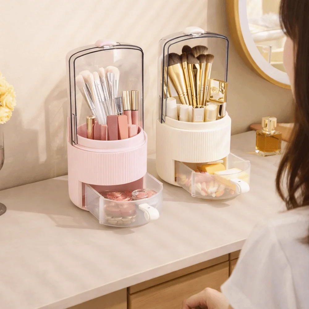 

Пластик 360 ° Вращающийся органайзер для кистей для макияжа, круглый, пылезащитный, с выдвижным ящиком, большой емкости