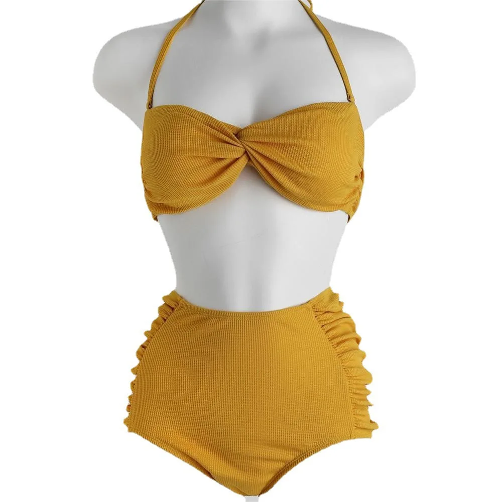 New Ins Sle High Waist Pure Color Bikini Women's Swimsuit Slimming Faionable Cover-Up Nylon Material with Chest Pad