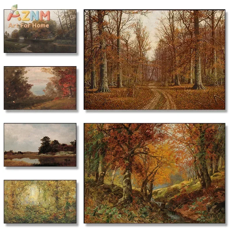 AZNM Vintage Autumn Forest Oil Painting Canvas Wall Art Fall Maple Tree Lake Countryside Landscape Farmhouse Unframed Canvas Pos