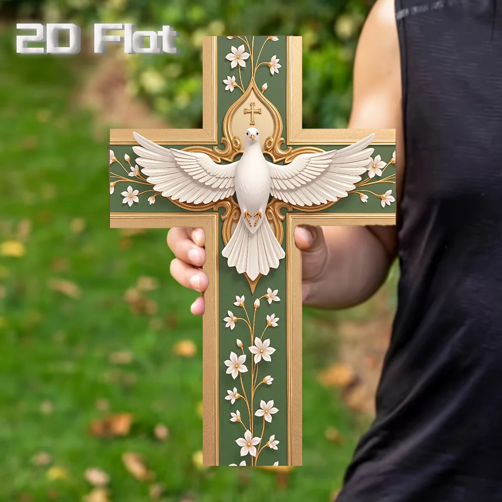 Vintage-style Wooden Wall-mounted Cross Featuring 2D Design with White Doves and Floral Decor Perfect for Home and Church Decor
