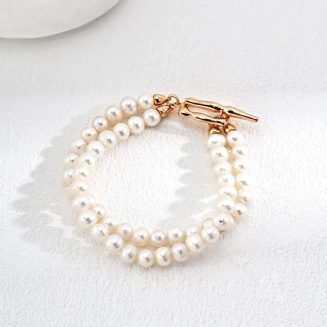 VOBIPY 925 Sterling Silver Natural Freshwater Pearl Bracelet Personality Pearl Double Bracelet Women\'s Party Wedding  Jewelry