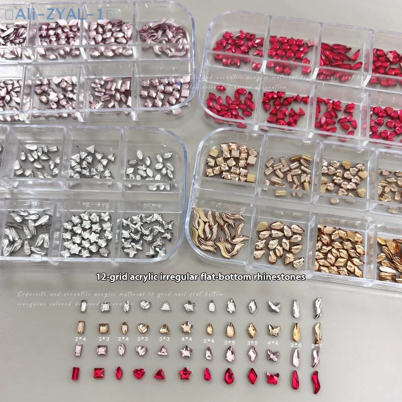 【ZYAL-1】12 Gitter Nagel-Strasssteine, Schmuck, flacher Boden, unregelmäßige Nagelkunst-Dekorationen, Nagelzubehör, Charms-Zubehör