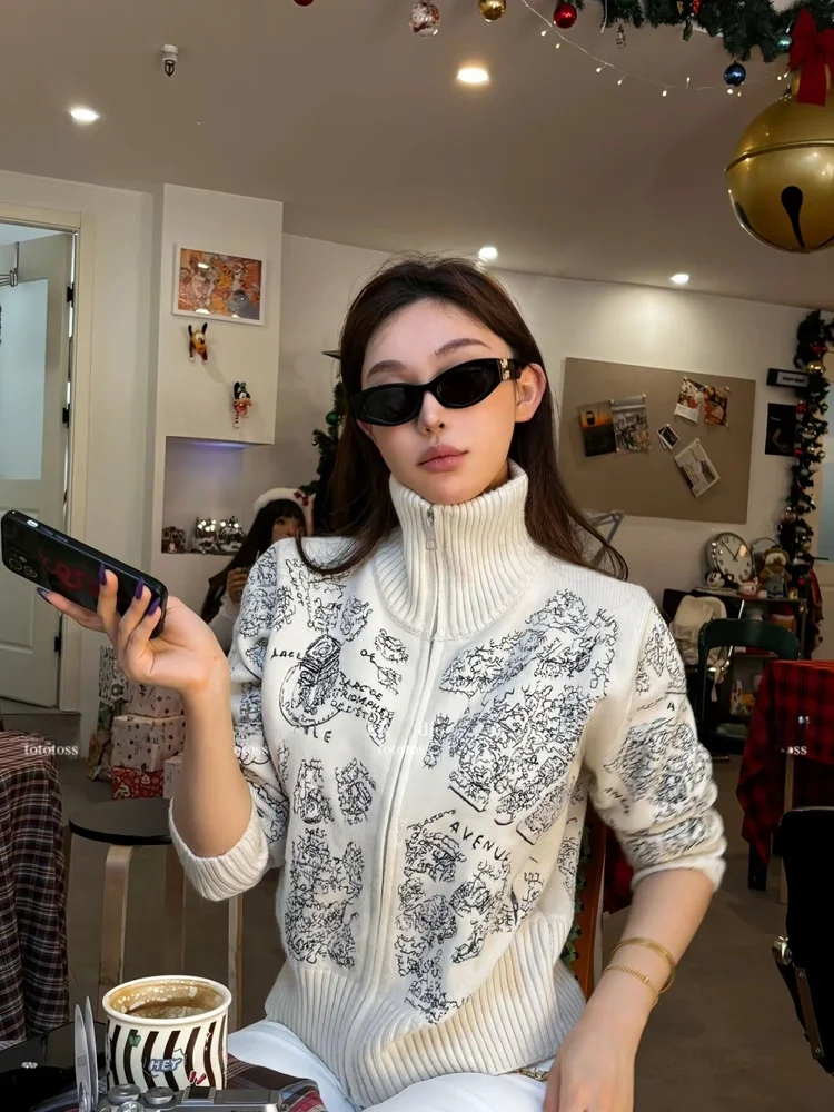 

Вязаный тюнер с тяжелой вышивкой, женский приталенный свитер с воротником, двойная молния или открытый кардиган, зимний вязаный кардиган для поездок на работу...