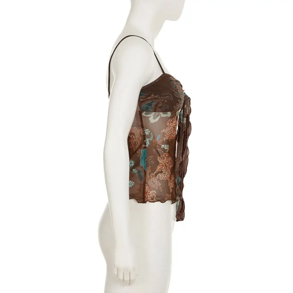 Plisowana Przezroczysta Koszulka na Ramiączkach z Kwiatowym Wzorem, Bez Rękawów, Sznurowana, Dopasowana Krótka Bluzka w Stylu Koreańskim, Seksowna Koszulka na Ramiączkach, Wiosna Lato