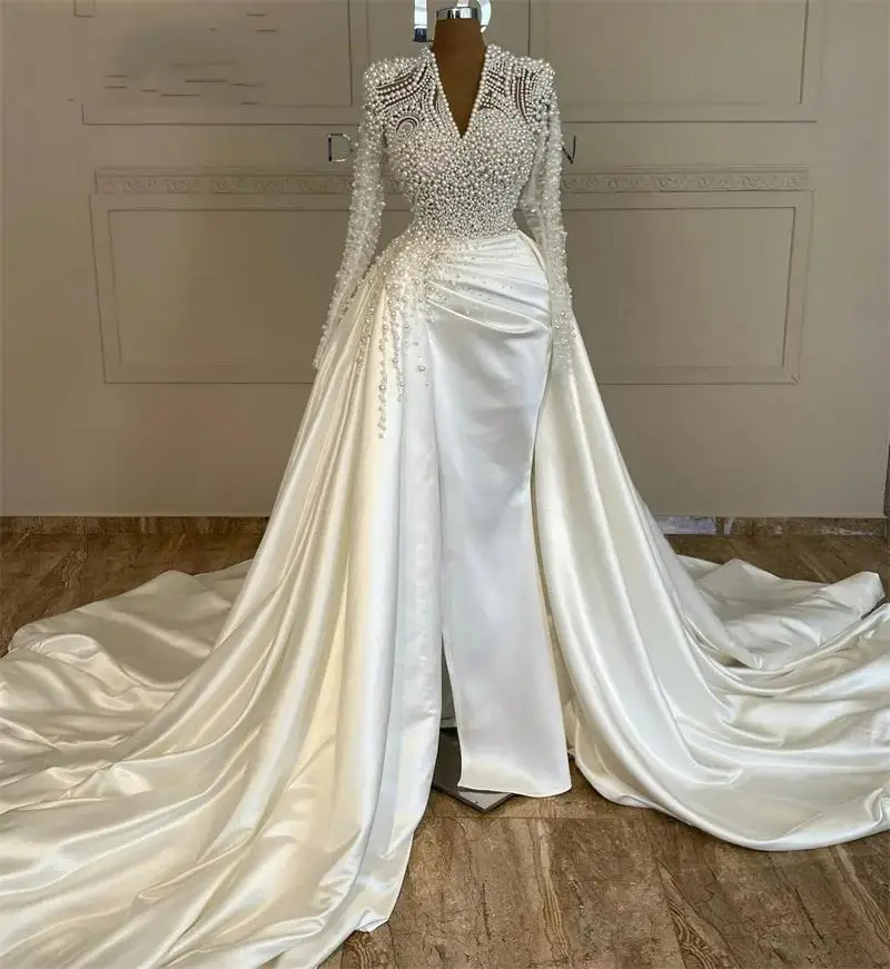 

Luxury V Neck Full Pearls Mermaid Wedding Dress Long Sleeves Detachable Overskirt Dubai Woman Satin Bridal Gown