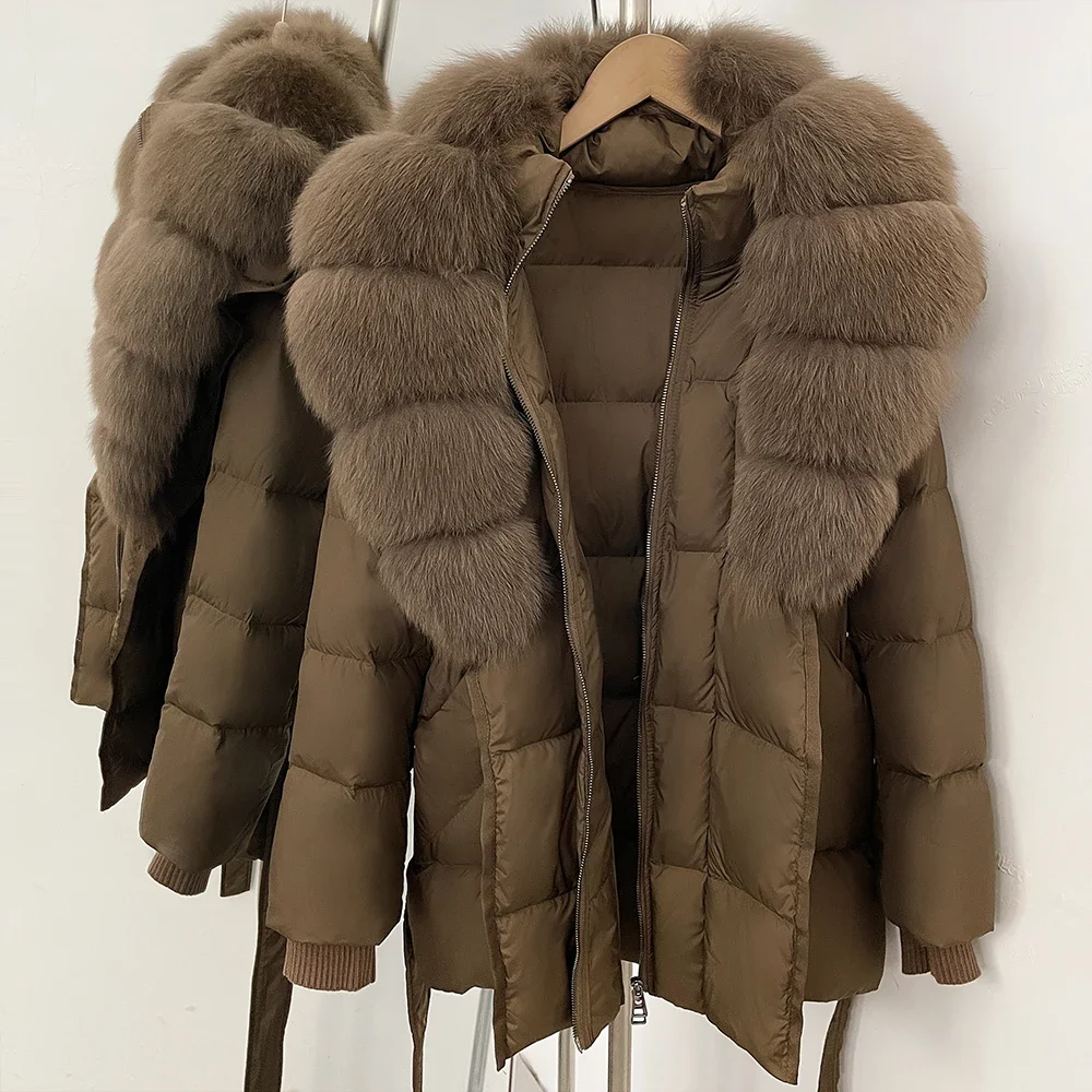 OFTBUY Große Jacke mit Kapuze und natürlichem Pelzkragen, mit echtem Fell, dicker Gürtel, Reißverschluss, Daunenjacke, Damen-Wintermantel – Detail 32