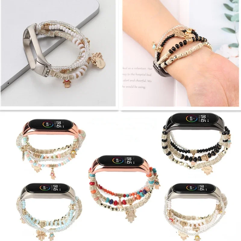 Replacement Strap for Xiaomi Mi Band 8 7 6 5 4 Watch Belt Jewelry Beads Bracelet for MIband Women Pendant Link Wristband