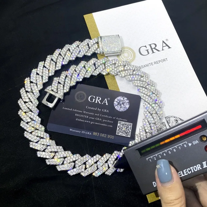 

Pass Diamond Tester Gra Moissanite Diamond 6mm-20mm Wide 2rows 925 Solid Silver Cuban Link Chain for Rapper Hip Hop Necklace