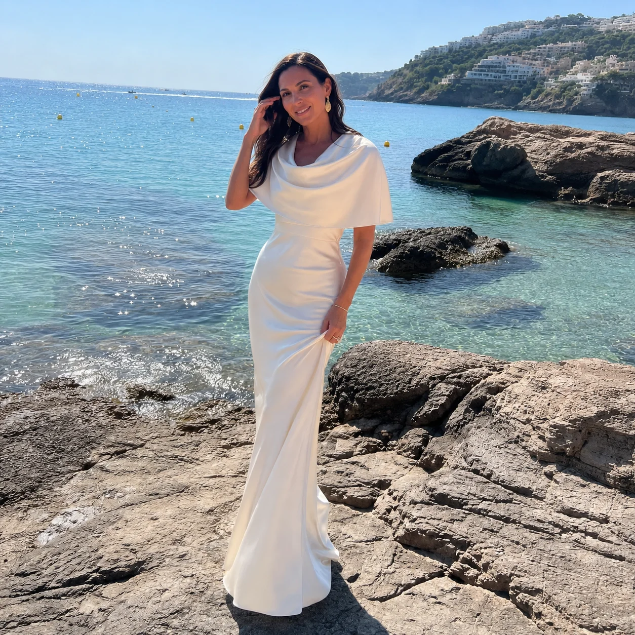Women's Ivory Satin Maxi Evening Dress Cowl Neck Cape Sleeves Elegant Floor Length Formal Gown For Wedding Parties & Occasions