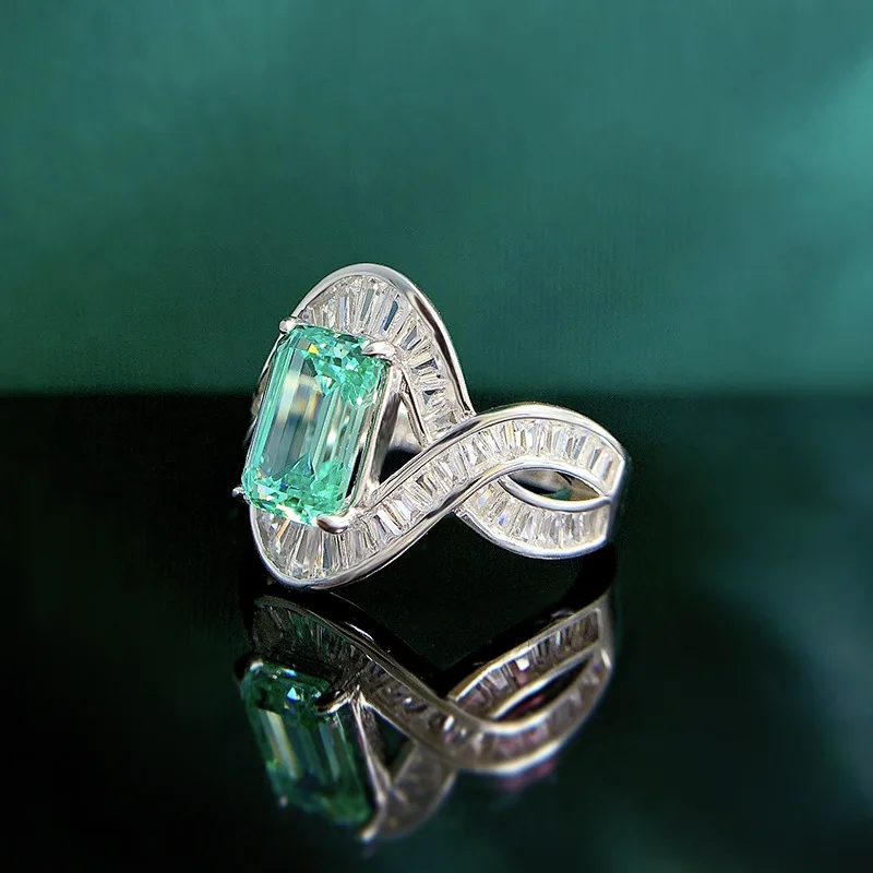 925 Sterling Silver 5x7MM Paraiba Cubic Zirconia Light Green Emerald Ring For Women Fine Jewelry