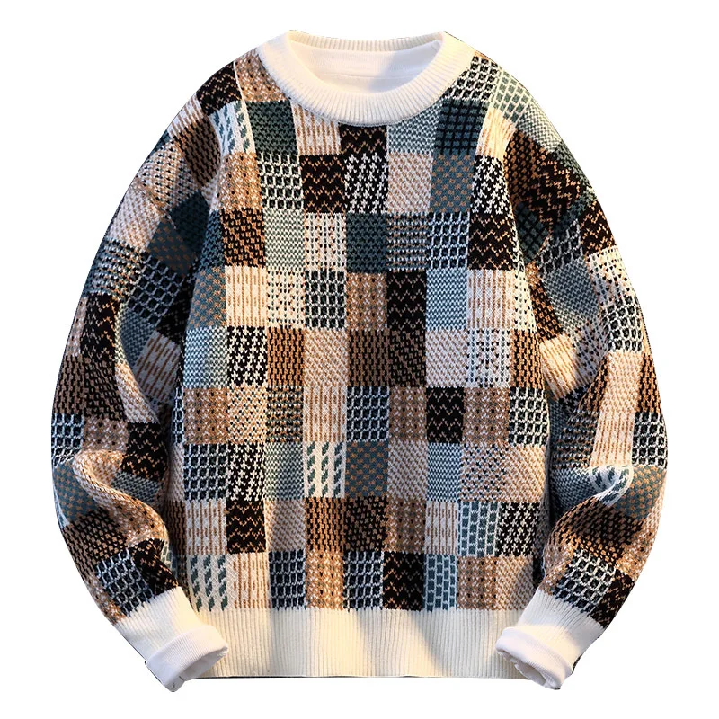 New Fashion Men Plaid Pullover Winter Sweaters Outwear Loose Casual Knitted Sweaters Male O-neck Pullovers Sweatercoats Size 4XL
