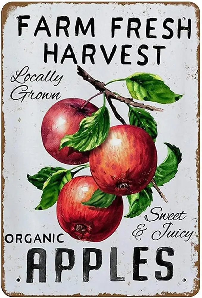 Farm Fresh Harvest Apples Metal Tin Sign Fruits Poster Painting for Orchard Board Farmhouse Rural Home Decoration Wall Retr
