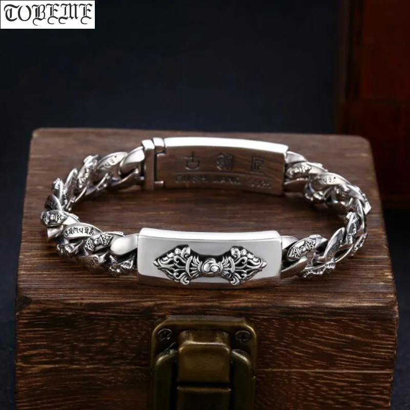 100% 925 Silver Tibetan Six Words Dorje Bracelet Good Luck Buddhist OM Mantra Vajra Bracelet Jewelry Gift