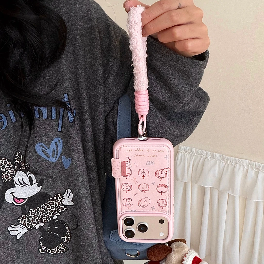 الوردي الجلود الاصطناعية أبل خط الكتابة على الجدران مع الحبل للصدمات واقية غطاء الهاتف آيفون 17 16 15 14 برو ماكس