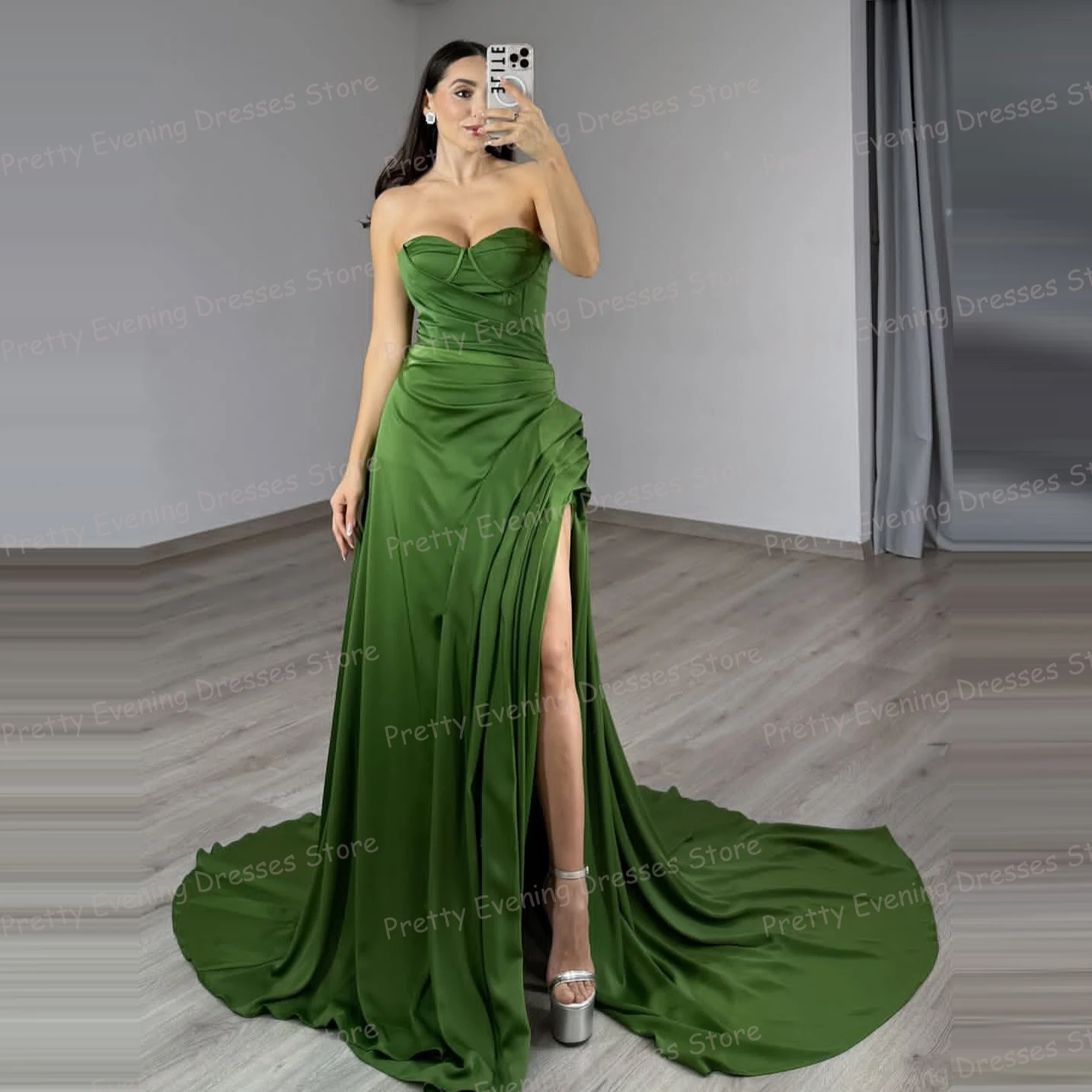 

Simple Green Evening Dresses Woman's Pleat Satin Sexy High Split Mermaid Prom Gowns Party Fashion Vestidos De Fiesta Customized