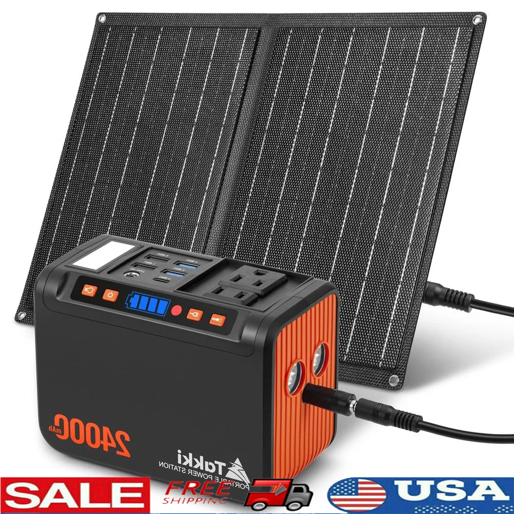 Portable Solar Generator Power Station with 21W Solar Panels 88Wh Charger Bank AC DC USB Ports Camping Tent Compact Emergency