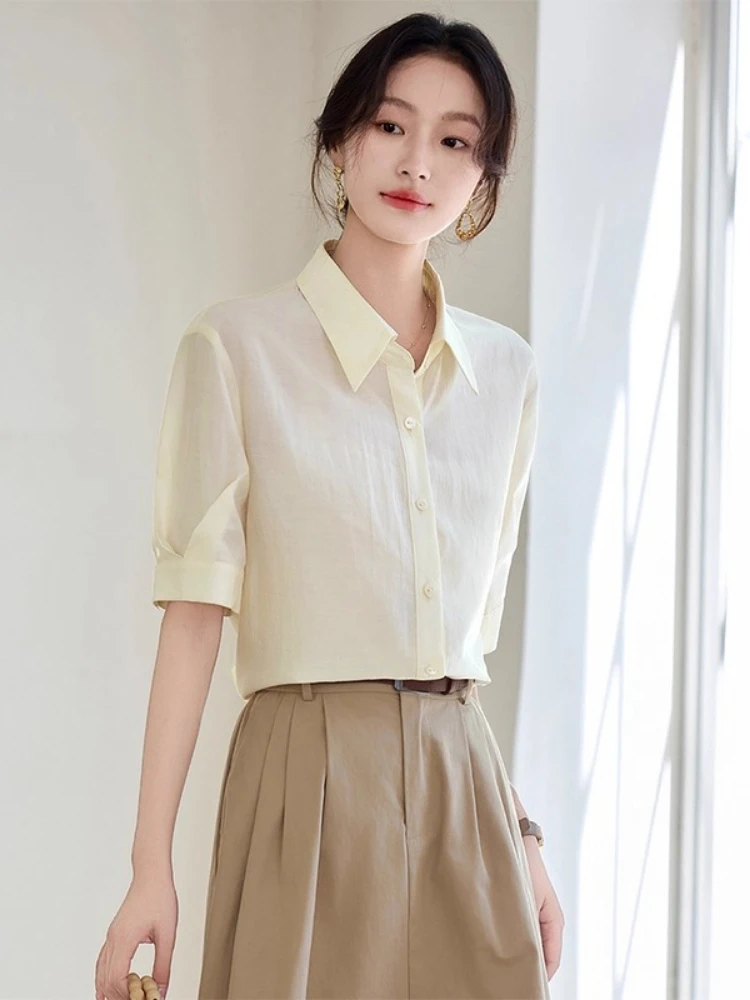 SENTUBILA Lyocell Silk Women's Commuter Shirt 2025 Summer Pleated Lapel Short Sleeve Loose Breathable Top 152C80560
