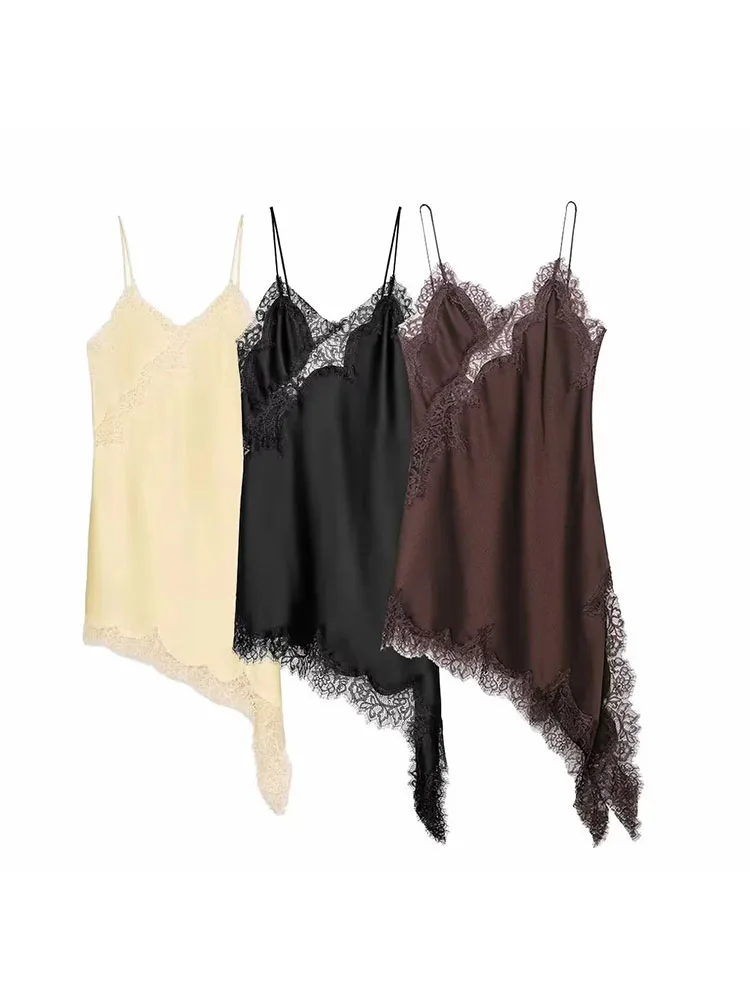 Vestido corto con tirantes empalmado de encaje Sexy de satén 2025 para mujer, sin mangas, sin espalda, asimétrico, vestidos de fiesta sexys, vestido de mujer