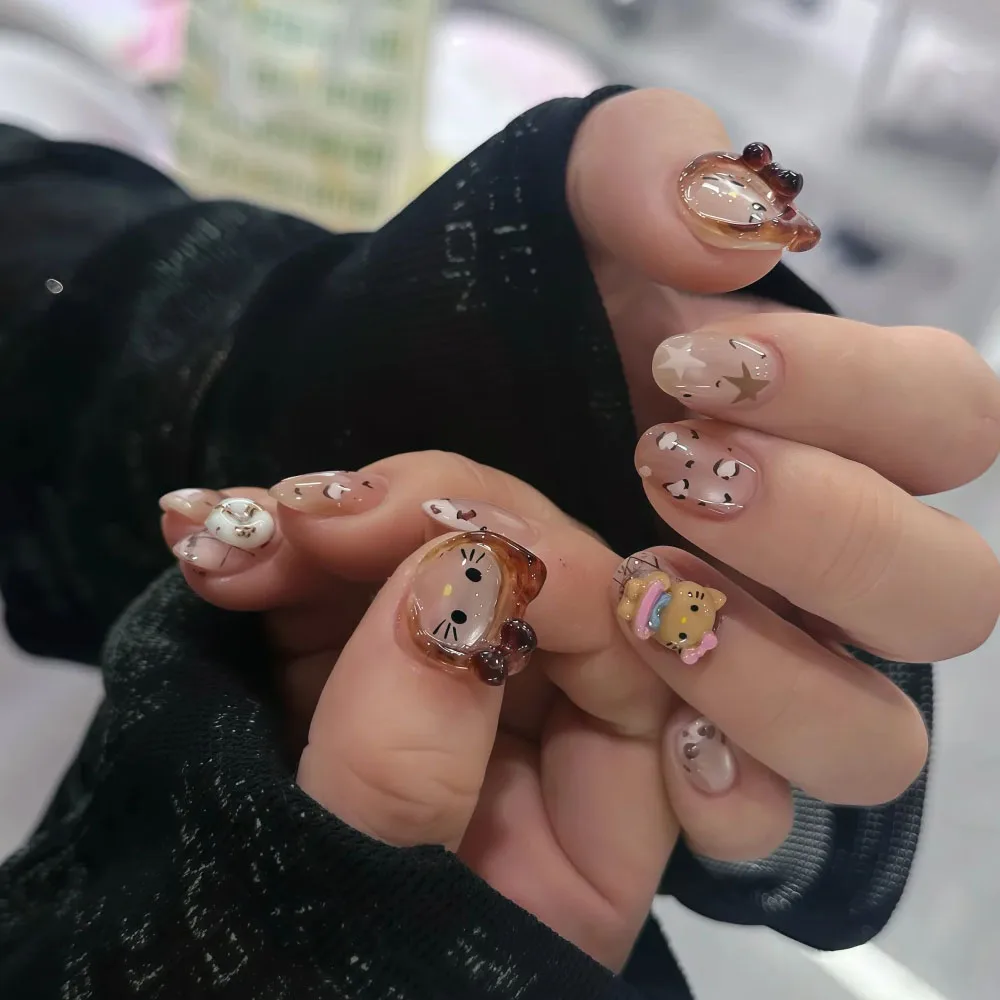 Neue 5D Hello Kitty Katze Ohr Design Hut Nagel Aufkleber Kawaii Grau Rosa Leopardenmuster Schleife Kapuzenhut Drücken Sie auf Nagelspitze Aufkleber ﻿ ﻿ ﻿ ﻿ ﻿ ﻿